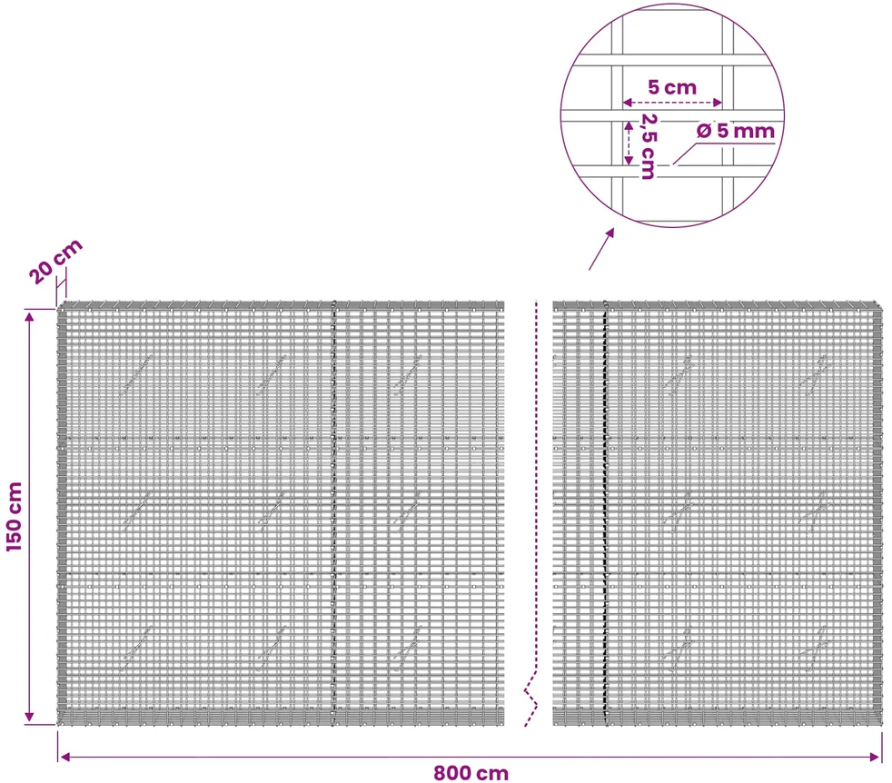 Gabionas su 5 mm viela ir 5x2,5 cm tinkleliu 800x20x150 cm