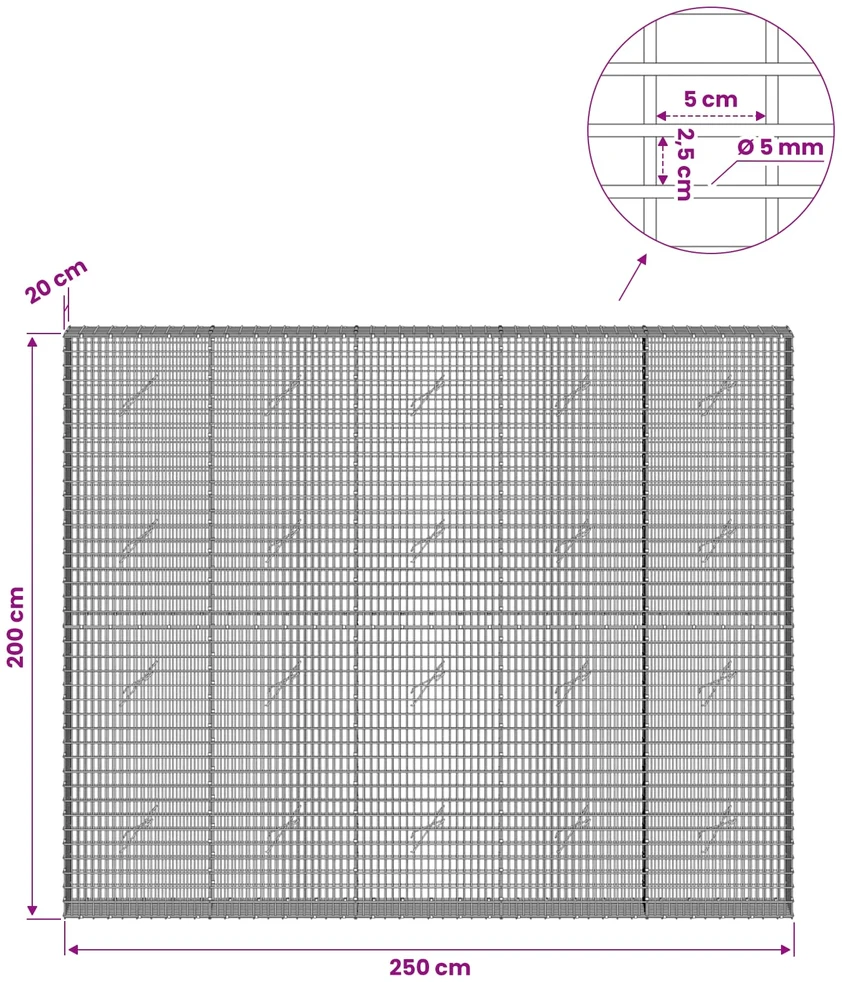 Gabionas su 5 mm viela ir 5x2,5 cm tinkleliu 250x20x200 cm