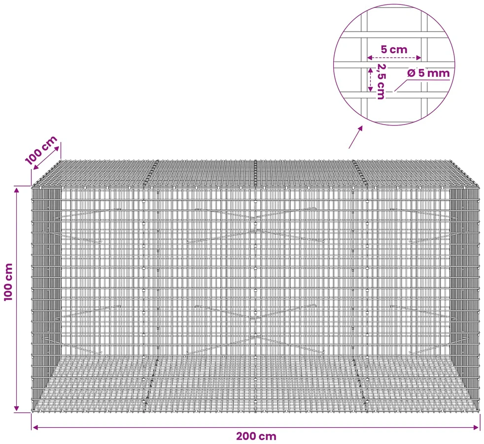 Gabionas su 5 mm viela ir 5x2,5 cm tinkleliu 200x100x100 cm
