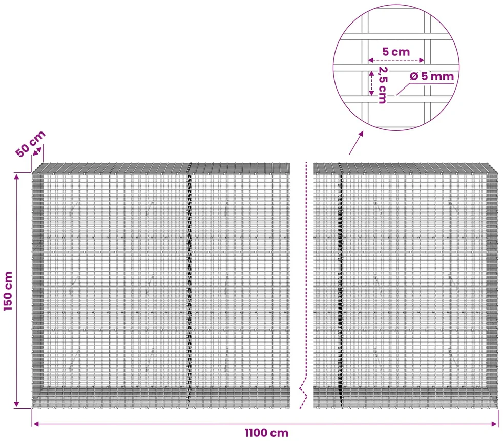 Gabionas su 5 mm viela ir 5x2,5 cm tinkleliu 1100x50x150 cm