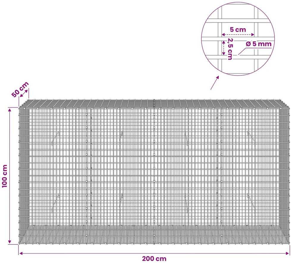 Gabionas su 5 mm viela ir 5x2,5 cm tinkleliu 200x50x100 cm