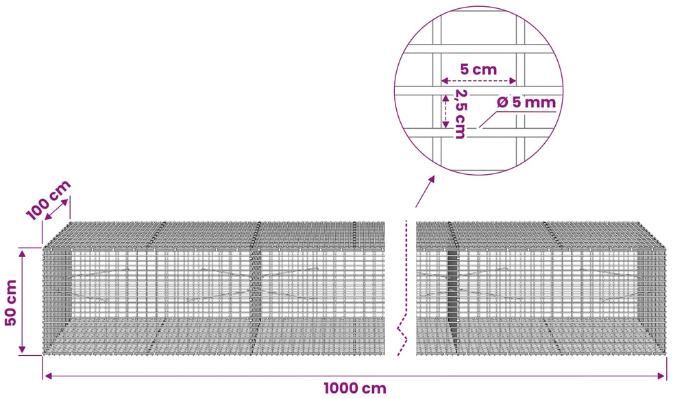 Gabionas su 5 mm viela ir 5x2,5 cm tinkleliu 1000x100x50 cm