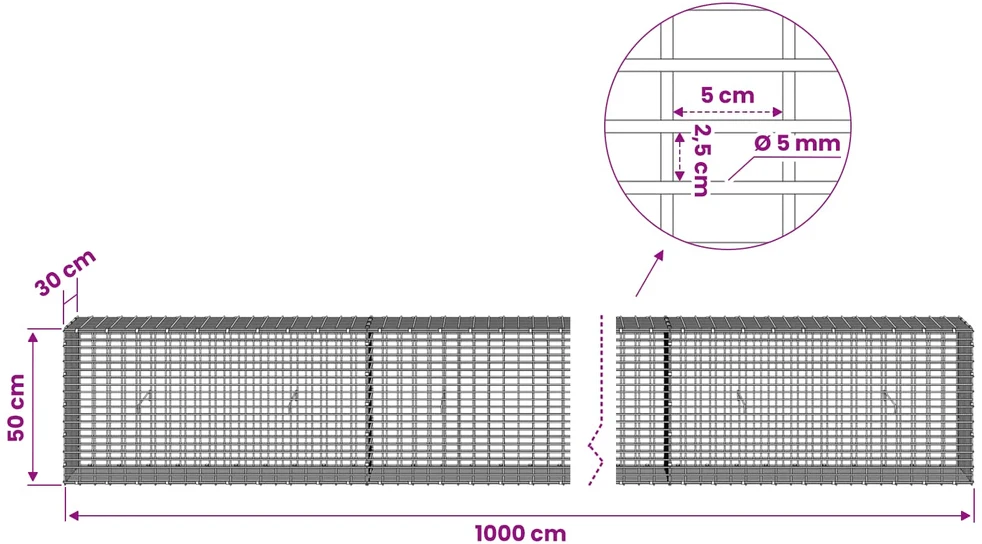 Gabionas su 5 mm viela ir 5x2,5 cm tinkleliu 1000x30x50 cm