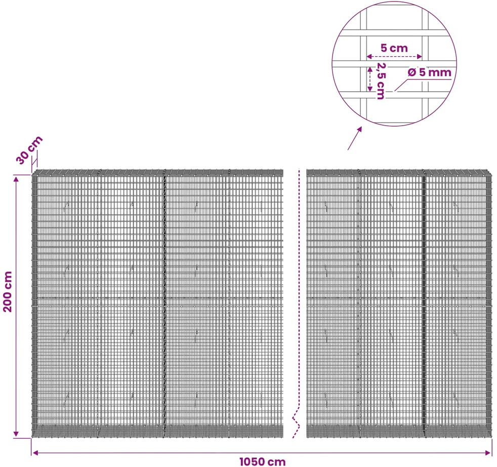 Gabionas su 5 mm viela ir 5x2,5 cm tinkleliu 1050x30x200 cm