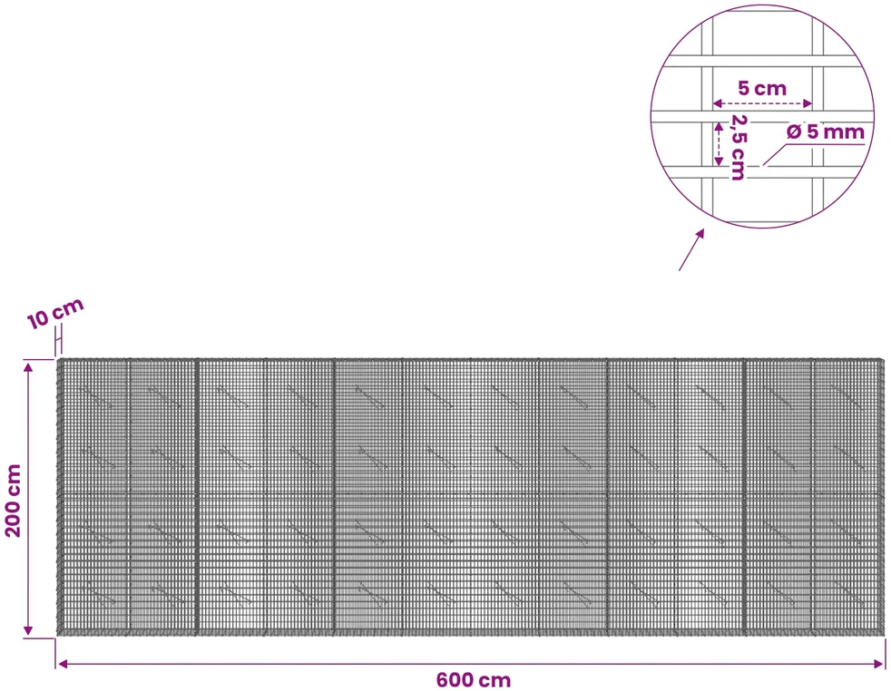 Gabionas su 5 mm viela ir 5x2,5 cm tinkleliu 600x10x200 cm