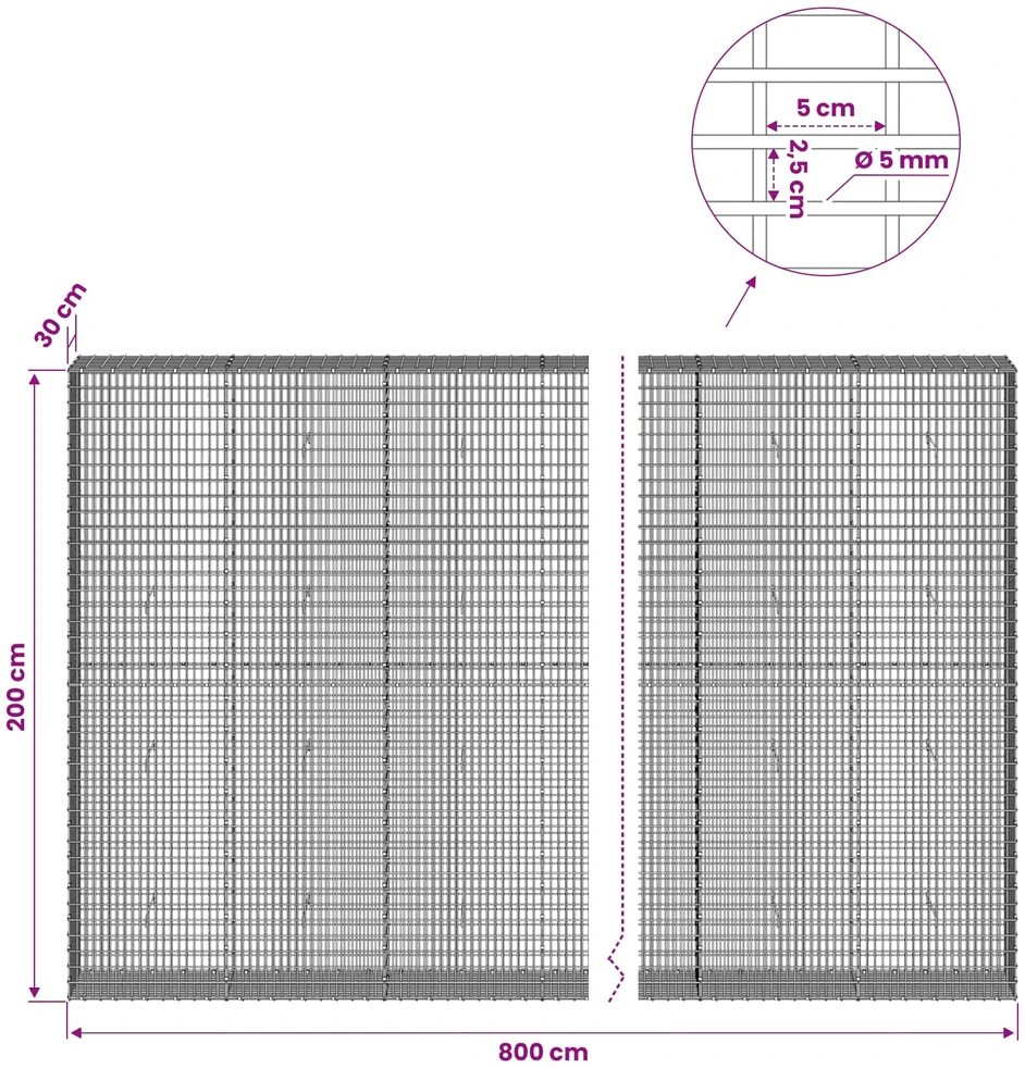 Gabionas su 5 mm viela ir 5x2,5 cm tinkleliu 800x30x200 cm