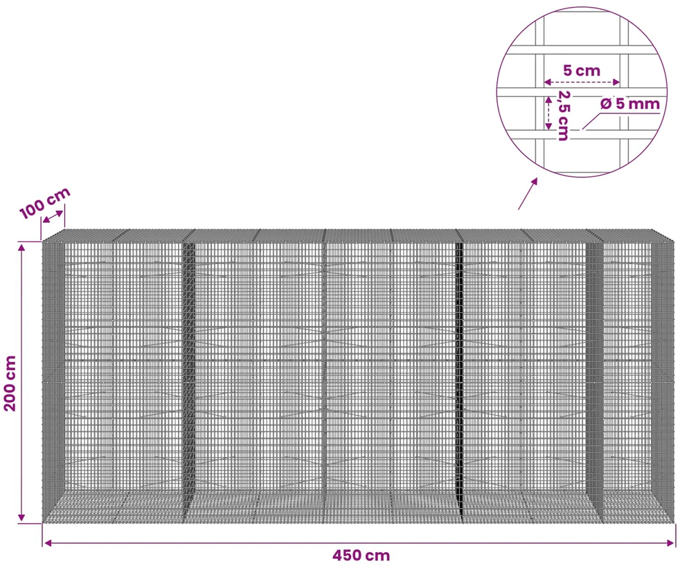 Gabionas su 5 mm viela ir 5x2,5 cm tinkleliu 450x100x200 cm