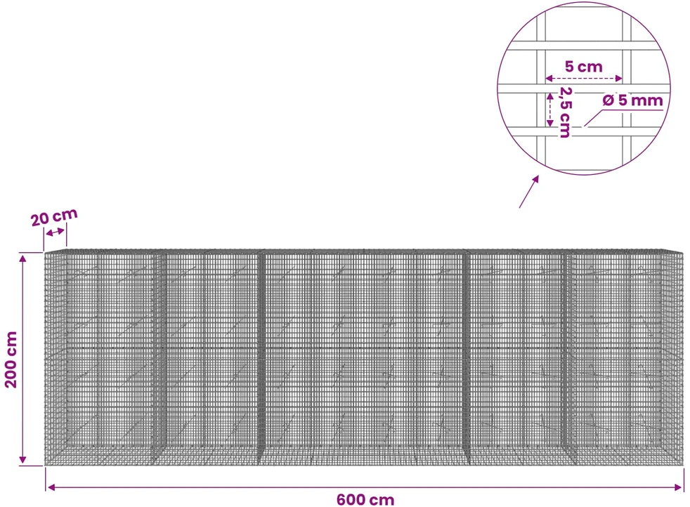 Gabionas su 5 mm viela ir 5x2,5 cm tinkleliu 600x20x200 cm