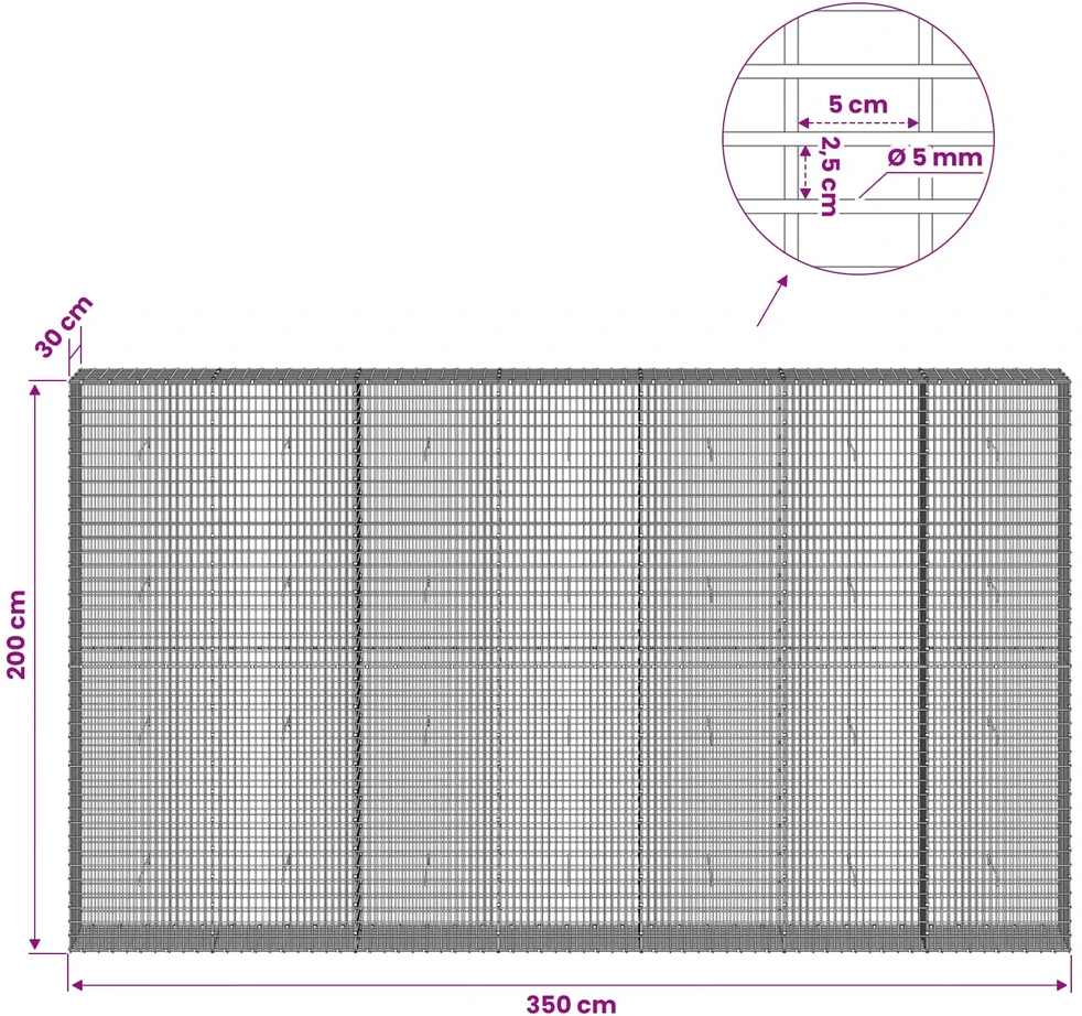 Gabionas su 5 mm viela ir 5x2,5 cm tinkleliu 350x30x200 cm