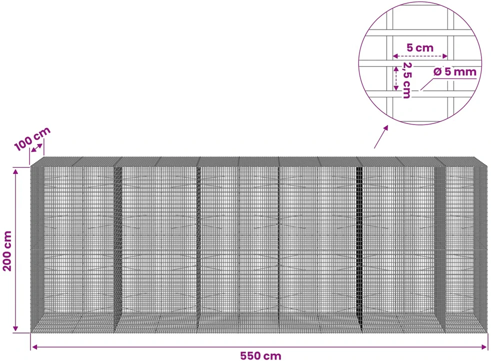 Gabionas su 5 mm viela ir 5x2,5 cm tinkleliu 550x100x200 cm
