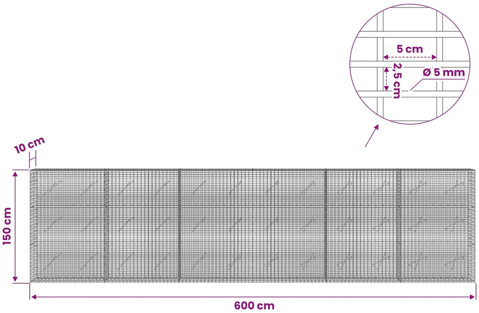 Gabionas su 5 mm viela ir 5x2,5 cm tinkleliu 600x10x150 cm