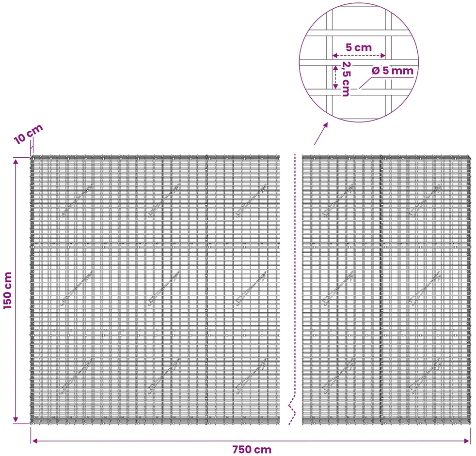 Gabionas su 5 mm viela ir 5x2,5 cm tinkleliu 750x10x150 cm
