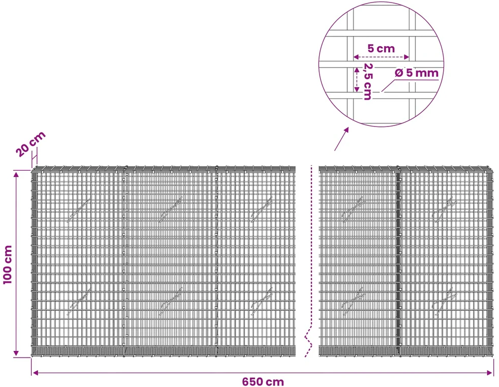 Gabionas su 5 mm viela ir 5x2,5 cm tinkleliu 650x20x100 cm