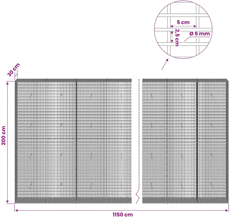 Gabionas su 5 mm viela ir 5x2,5 cm tinkleliu 1150x30x200 cm