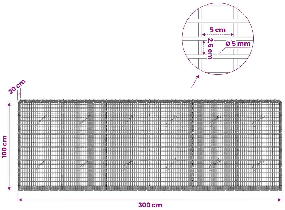 Gabionas su 5 mm viela ir 5x2,5 cm tinkleliu 300x20x100 cm