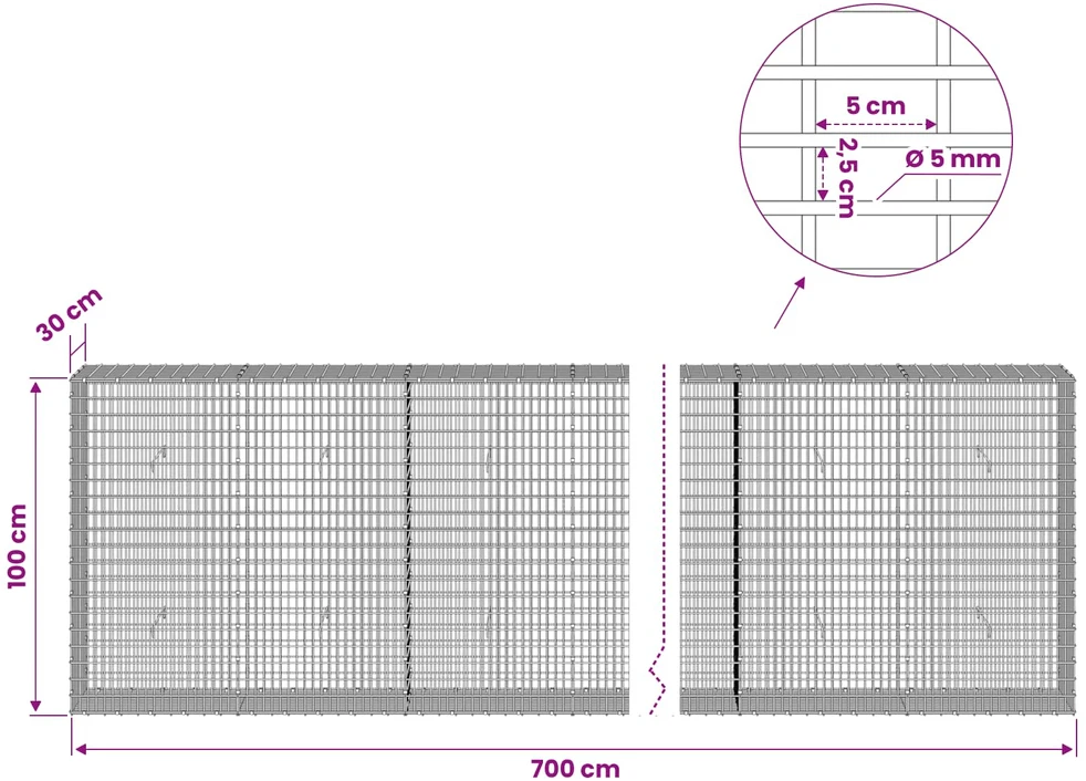 Gabionas su 5 mm viela ir 5x2,5 cm tinkleliu 700x30x100 cm