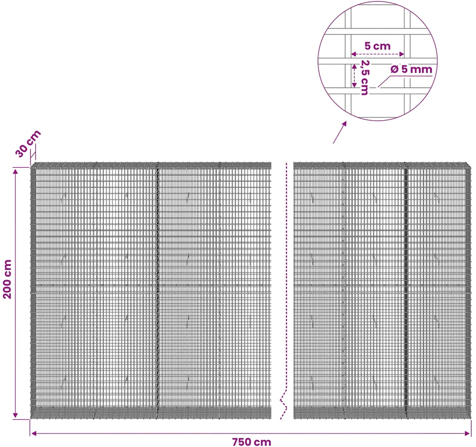 Gabionas su 5 mm viela ir 5x2,5 cm tinkleliu 750x30x200 cm