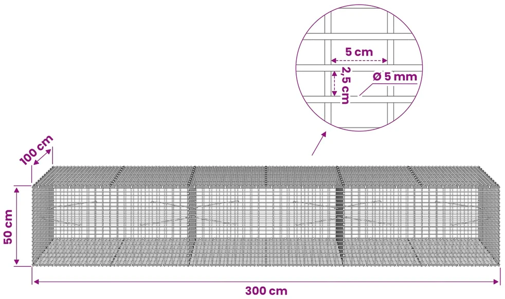 Gabionas su 5 mm viela ir 5x2,5 cm tinkleliu 300x100x50 cm