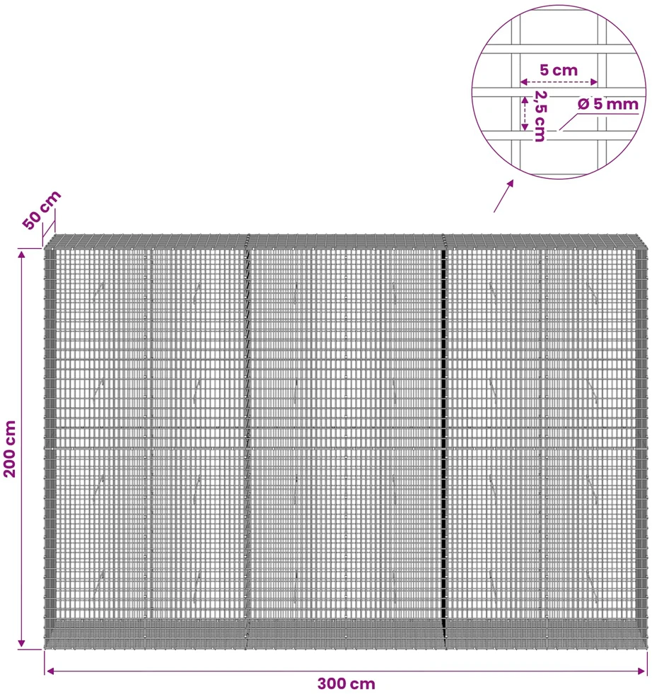 Gabionas su 5 mm viela ir 5x2,5 cm tinkleliu 300x50x200 cm