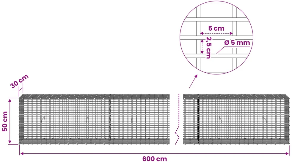 Gabionas su 5 mm viela ir 5x2,5 cm tinkleliu 600x30x50 cm