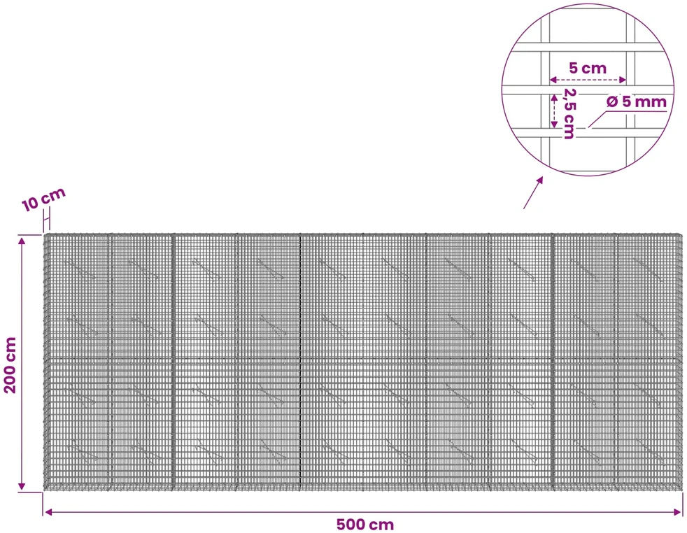 Gabionas su 5 mm viela ir 5x2,5 cm tinkleliu 500x10x200 cm