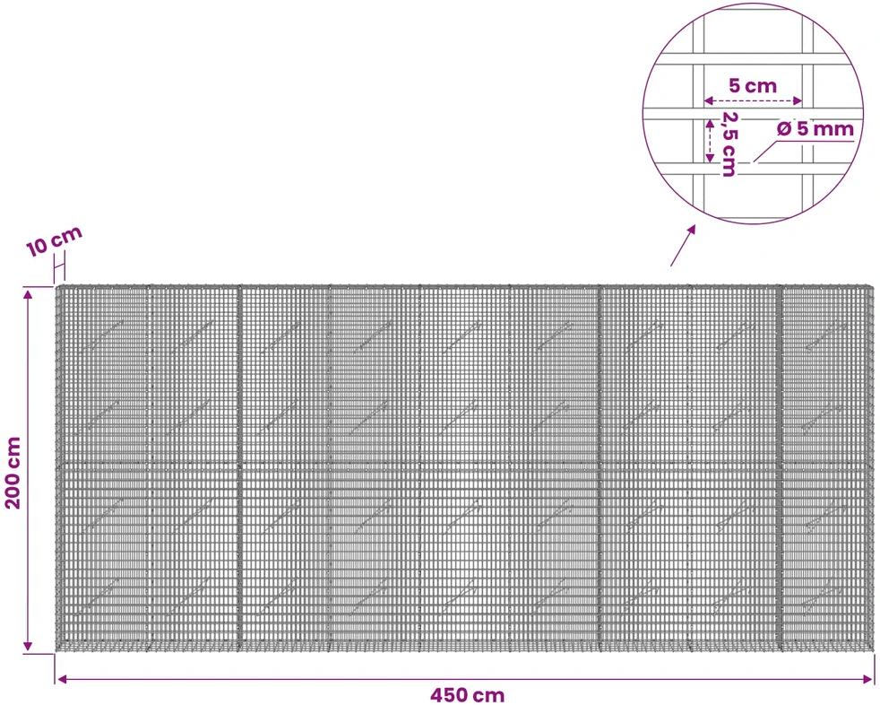 Gabionas su 5 mm viela ir 5x2,5 cm tinkleliu 450x10x200 cm