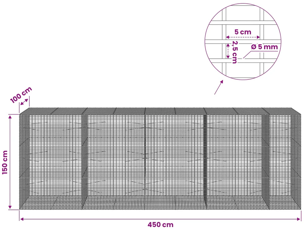 Gabionas su 5 mm viela ir 5x2,5 cm tinkleliu 450x100x150 cm