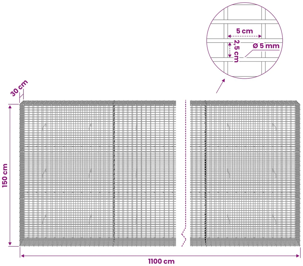 Gabionas su 5 mm viela ir 5x2,5 cm tinkleliu 1100x30x150 cm