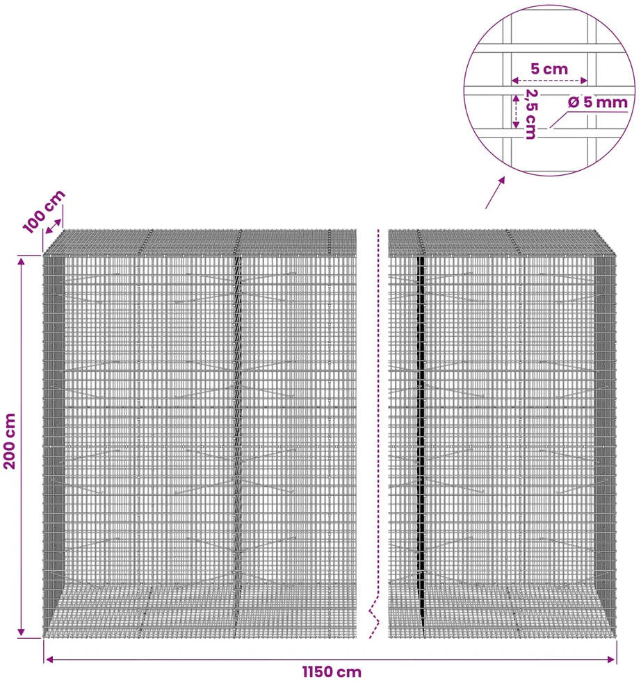 Gabionas su 5 mm viela ir 5x2,5 cm tinkleliu 1150x100x200 cm
