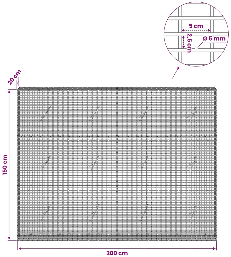 Gabionas su 5 mm viela ir 5x2,5 cm tinkleliu 200x20x150 cm
