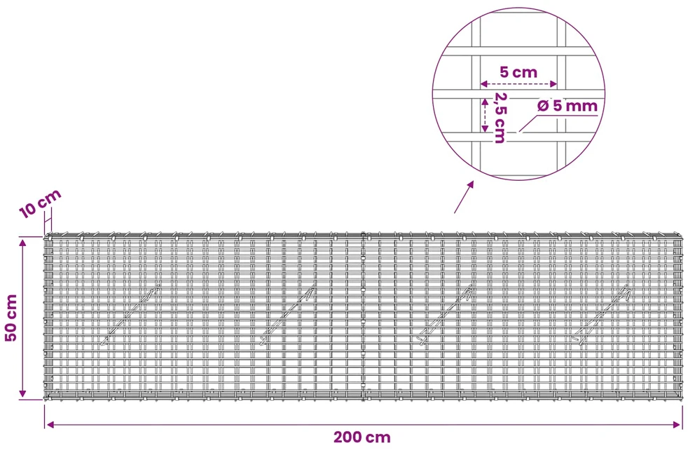 Gabionas su 5 mm viela ir 5x2,5 cm tinkleliu 200x10x50 cm