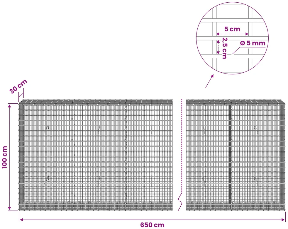 Gabionas su 5 mm viela ir 5x2,5 cm tinkleliu 650x30x100 cm
