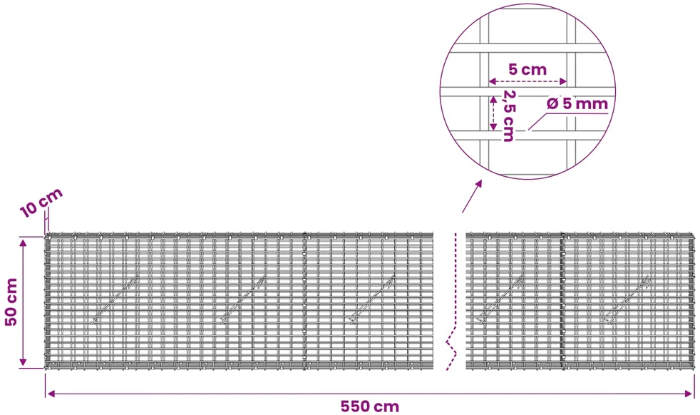 Gabionas su 5 mm viela ir 5x2,5 cm tinkleliu 550x10x50 cm