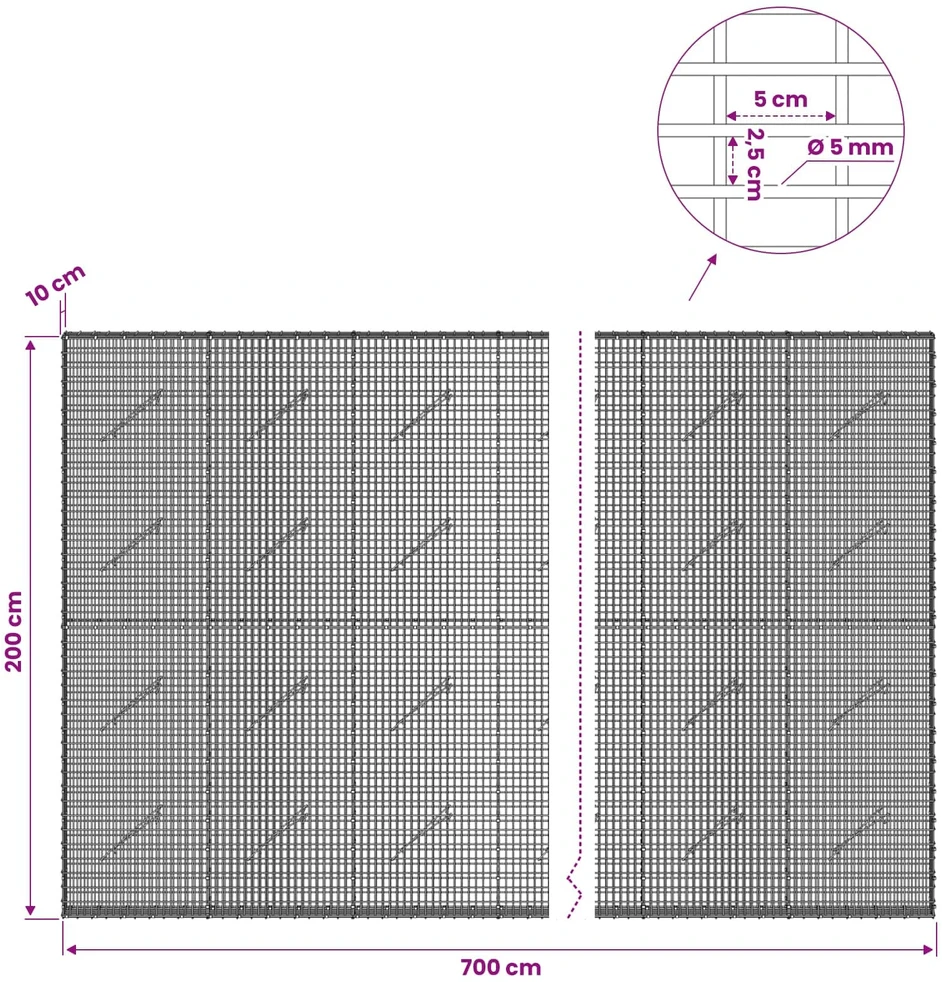 Gabionas su 5 mm viela ir 5x2,5 cm tinkleliu 700x10x200 cm
