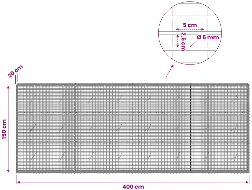 Gabionas su 5 mm viela ir 5x2,5 cm tinkleliu 400x20x150 cm