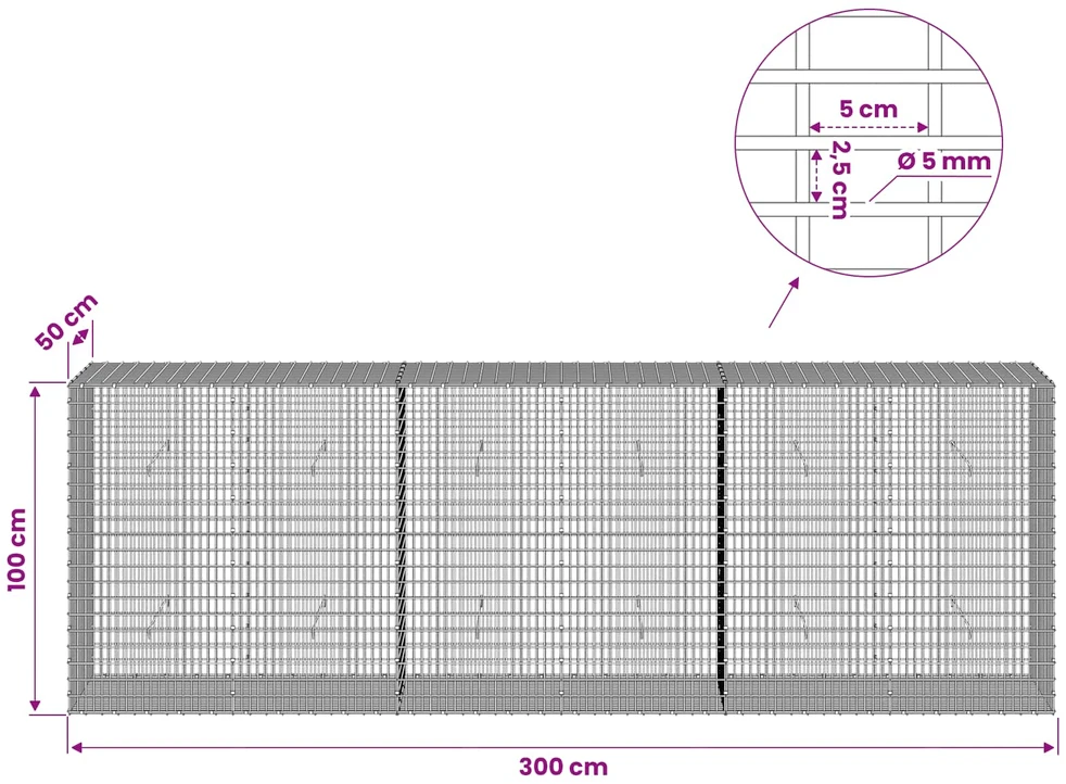 Gabionas su 5 mm viela ir 5x2,5 cm tinkleliu 300x50x100 cm