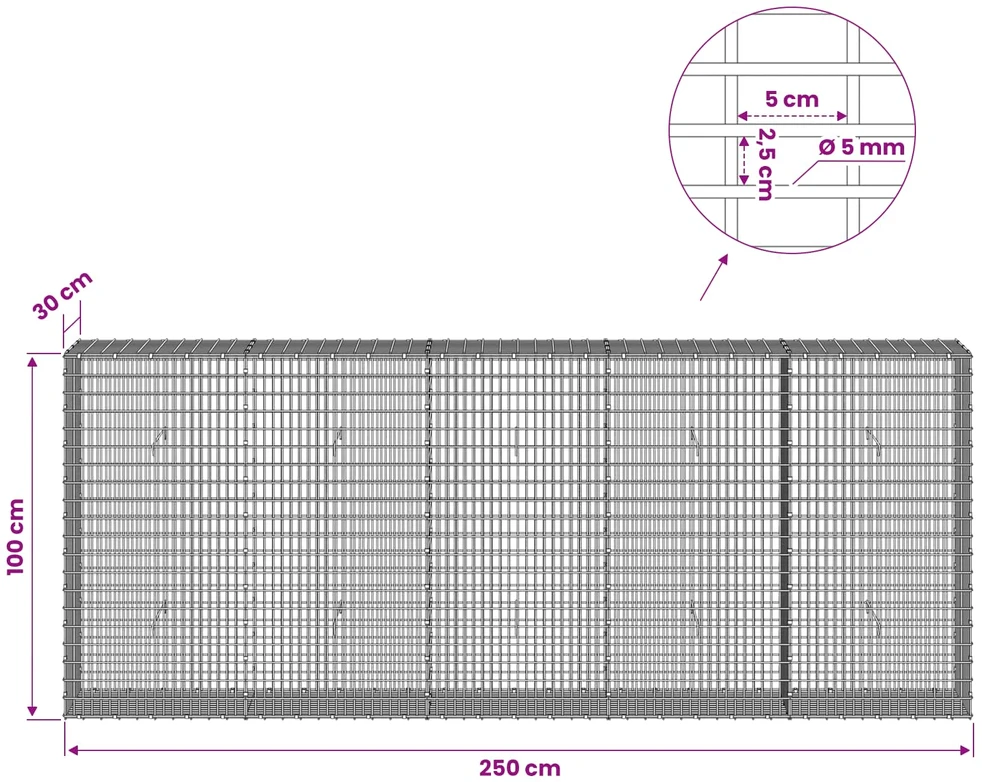 Gabionas su 5 mm viela ir 5x2,5 cm tinkleliu 250x30x100 cm