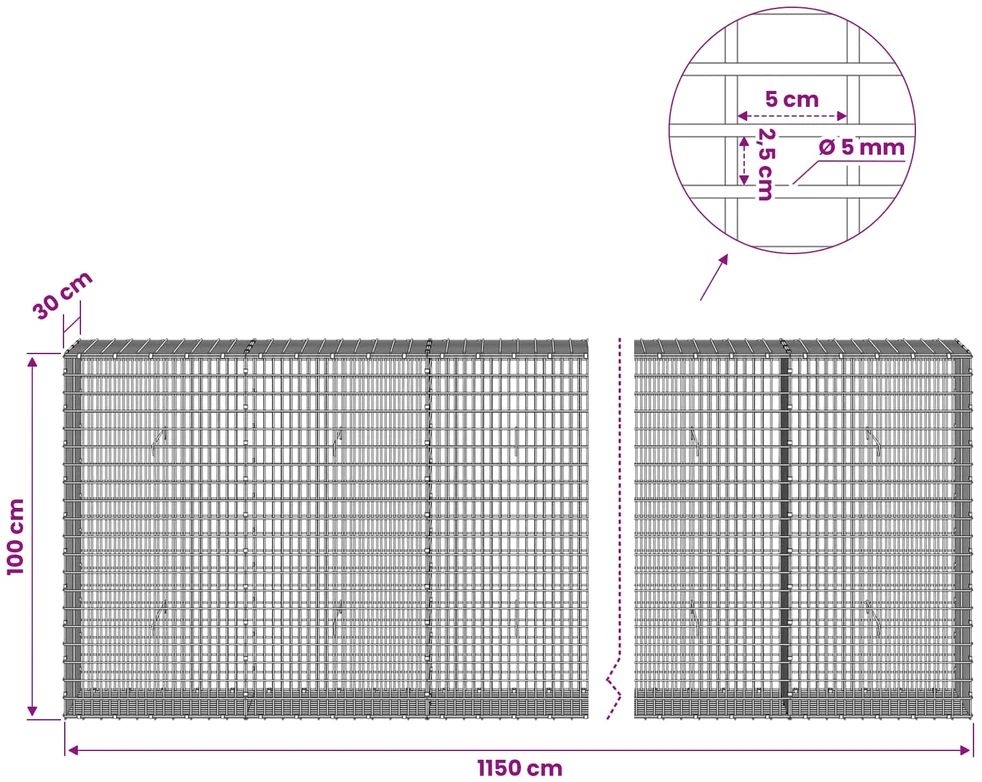 Gabionas su 5 mm viela ir 5x2,5 cm tinkleliu 1150x30x100 cm