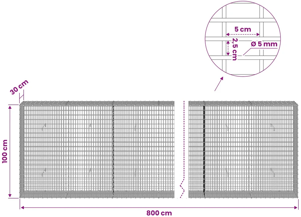 Gabionas su 5 mm viela ir 5x2,5 cm tinkleliu 800x30x100 cm