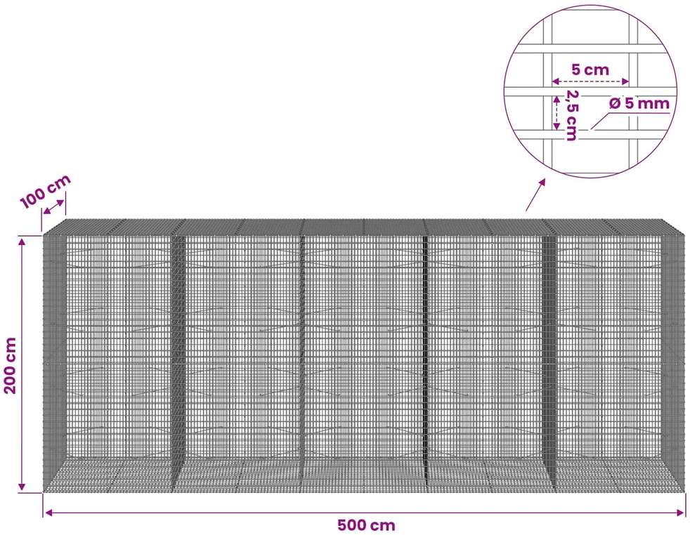 Gabionas su 5 mm viela ir 5x2,5 cm tinkleliu 500x100x200 cm