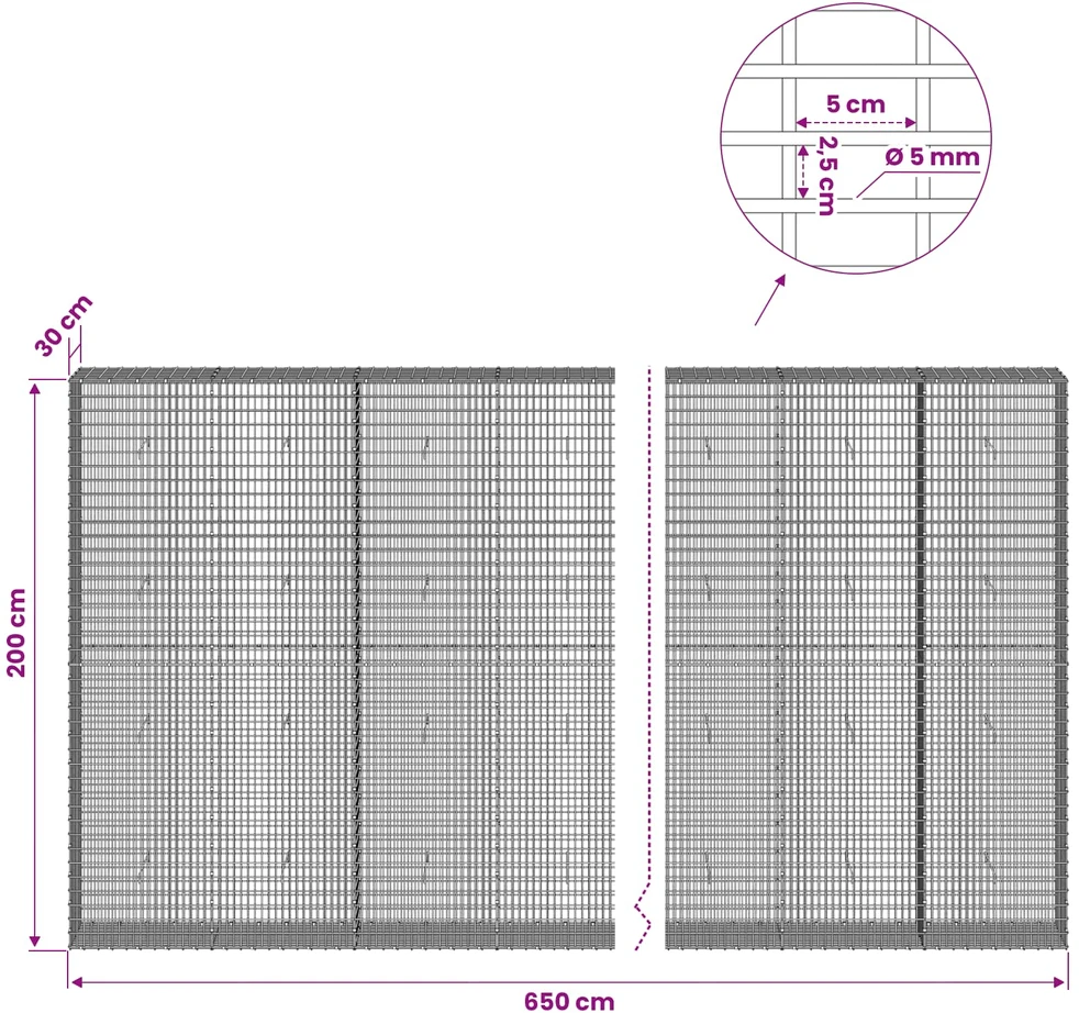 Gabionas su 5 mm viela ir 5x2,5 cm tinkleliu 650x30x200 cm
