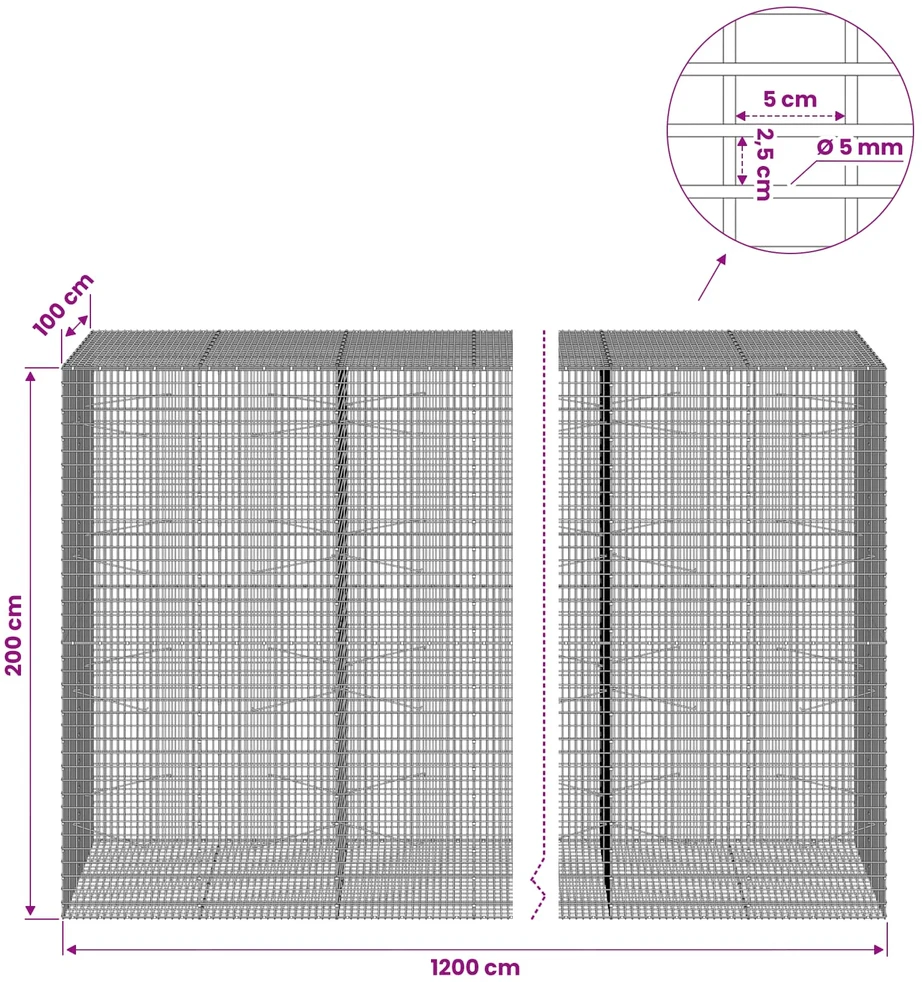 Gabionas su 5 mm viela ir 5x2,5 cm tinkleliu 1200x100x200 cm