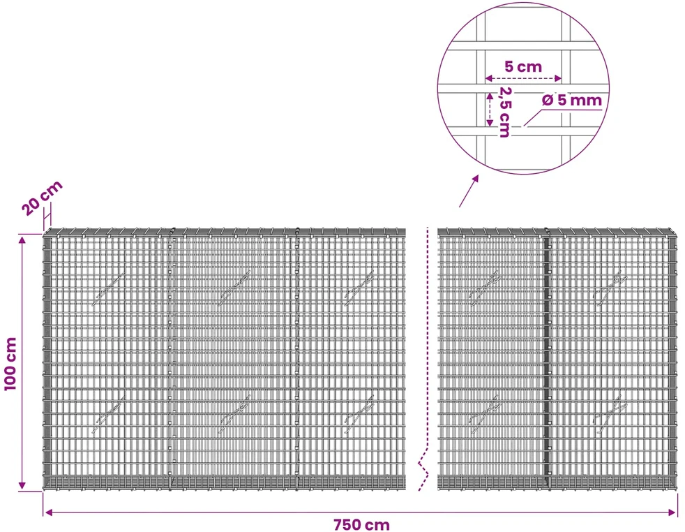 Gabionas su 5 mm viela ir 5x2,5 cm tinkleliu 750x20x100 cm