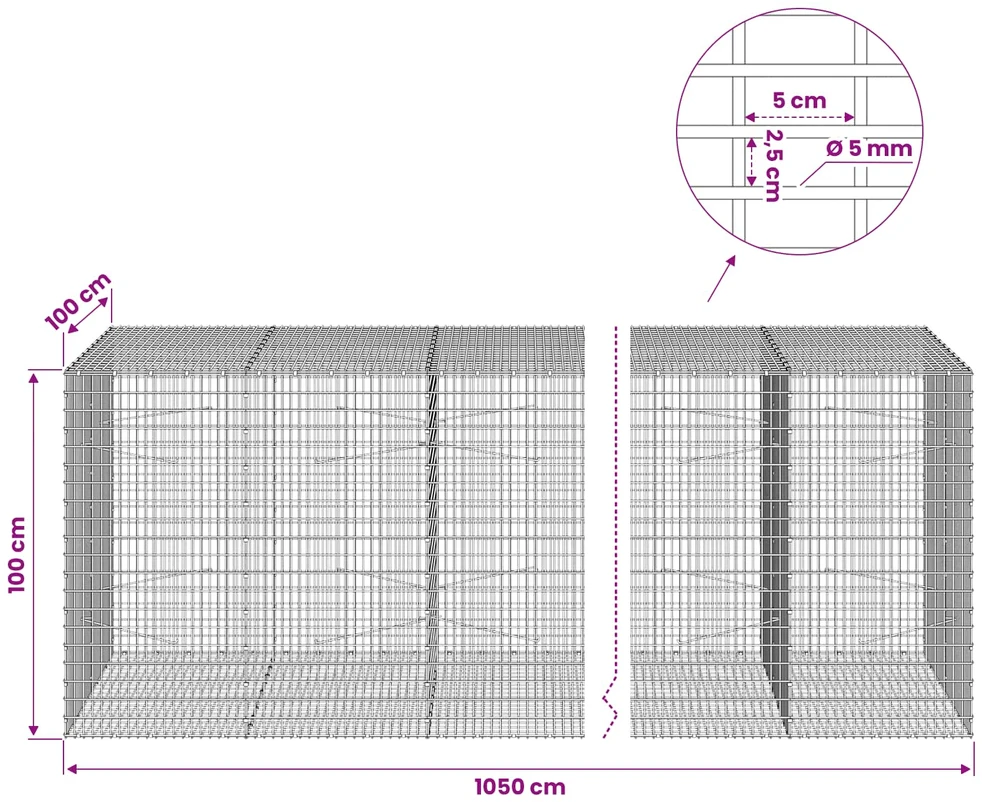 Gabionas su 5 mm viela ir 5x2,5 cm tinkleliu 1050x100x100 cm