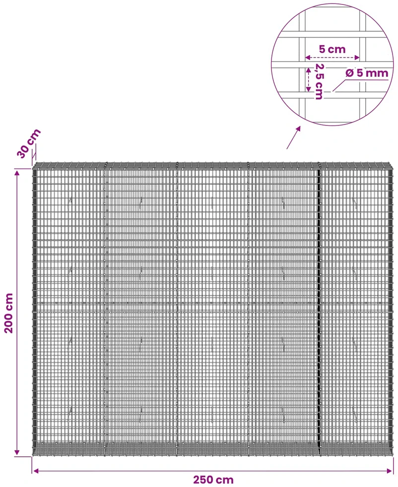 Gabionas su 5 mm viela ir 5x2,5 cm tinkleliu 250x30x200 cm