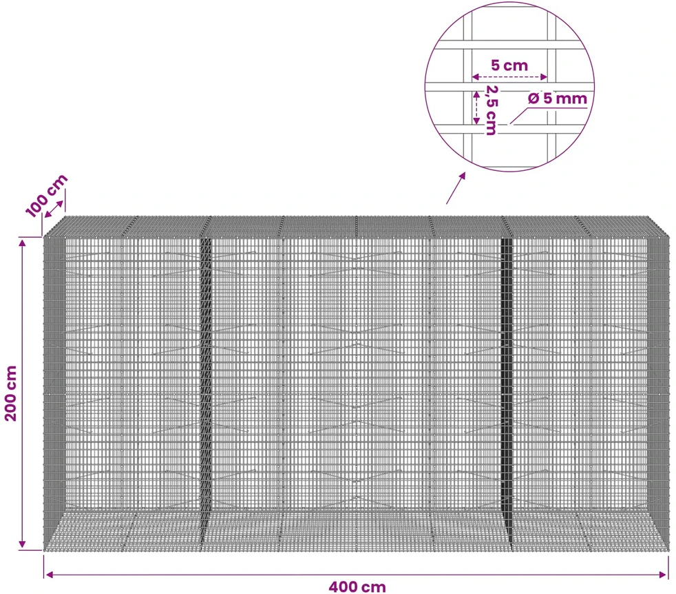 Gabionas su 5 mm viela ir 5x2,5 cm tinkleliu 400x100x200 cm