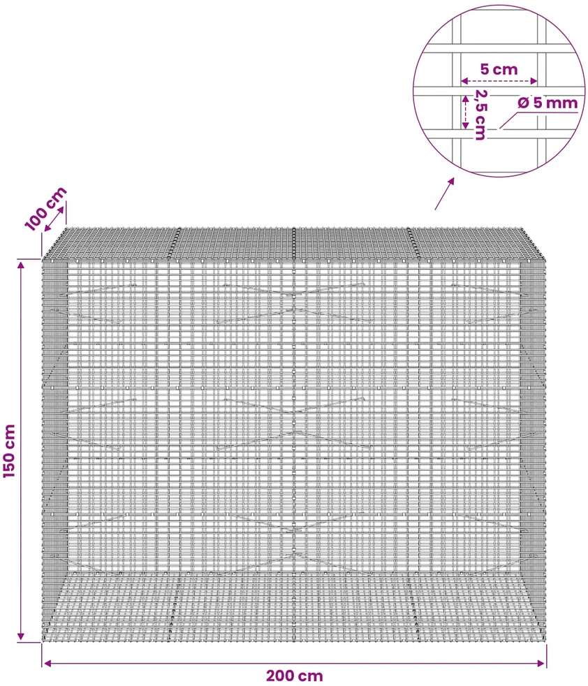 Gabionas su 5 mm viela ir 5x2,5 cm tinkleliu 200x100x150 cm
