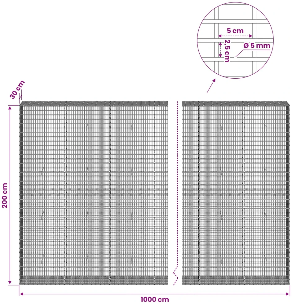 Gabionas su 5 mm viela ir 5x2,5 cm tinkleliu 1000x30x200 cm