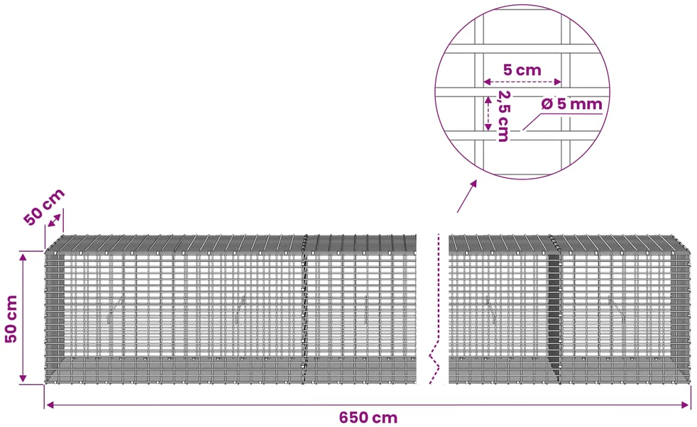 Gabionas su 5 mm viela ir 5x2,5 cm tinkleliu 650x50x50 cm