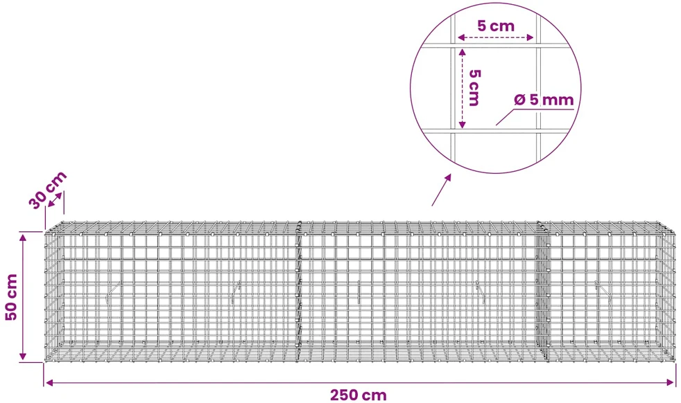 Gabionas su 5 mm viela ir 5x5 cm tinkleliu 250x30x50 cm